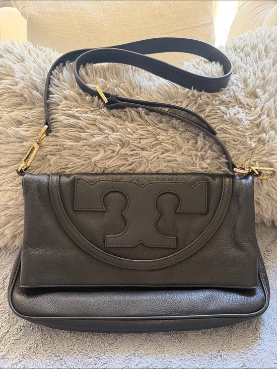 Tory Burch Handbags - Tory Burch Black Pebbled Leather Shoulder Bag with Logo Flap